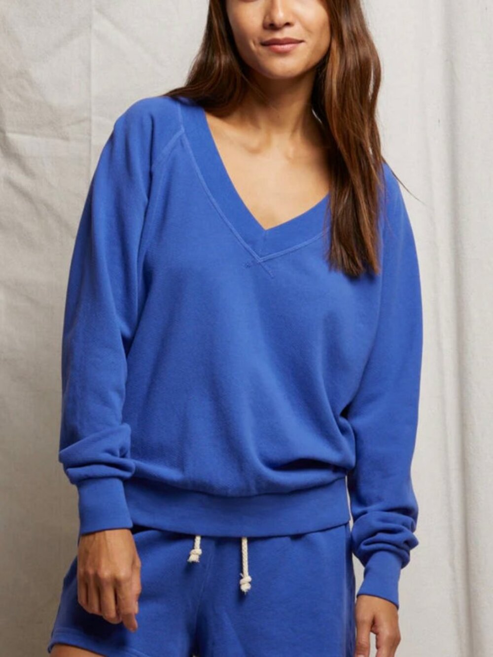 PerfectWhiteTee Sinead Relaxed French Terry V Neck Sweatshirt in Violet Blue